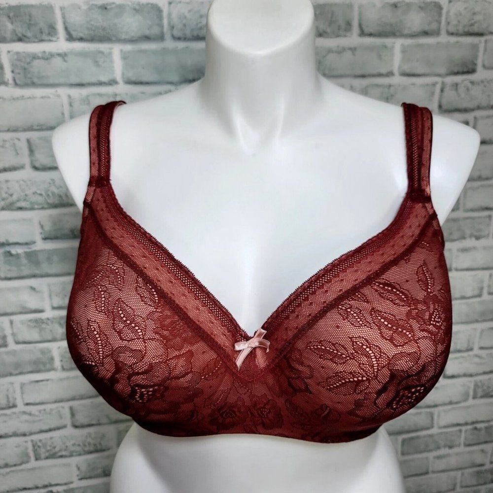 Cacique‎ 44DDD Lightly Lined Balconette Maroon Lace over Nude Underwire Bra